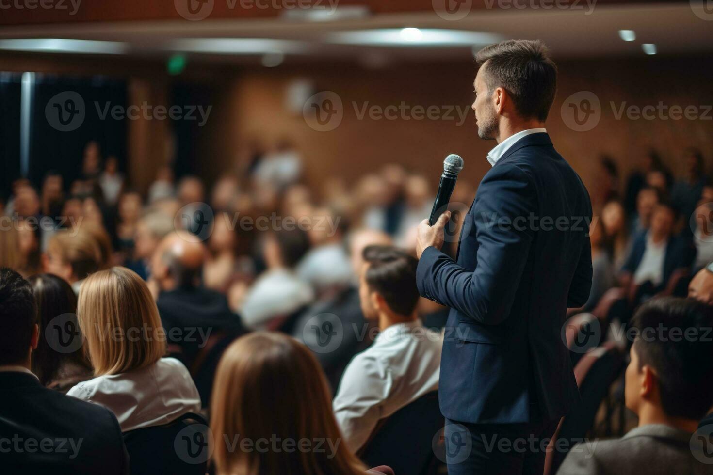 AI generated Speaker Giving a Talk at Business Conference. Audience at the conference hall. Business and Entrepreneurship. photo