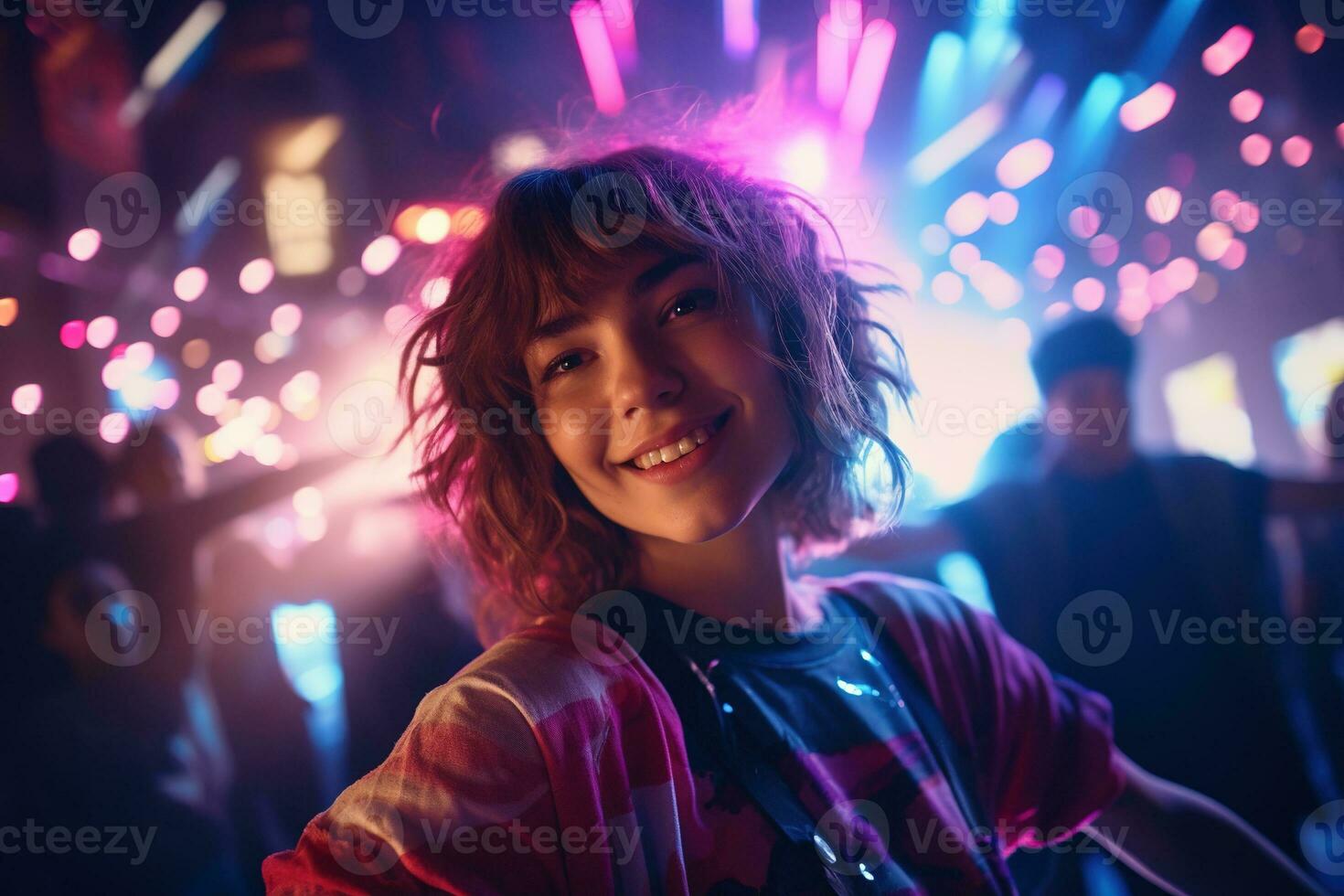 AI generated Portrait of a beautiful girl with short hair dancing in a nightclub photo