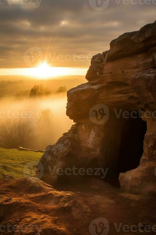 AI generated Sunrise over a megalithic tomb photo