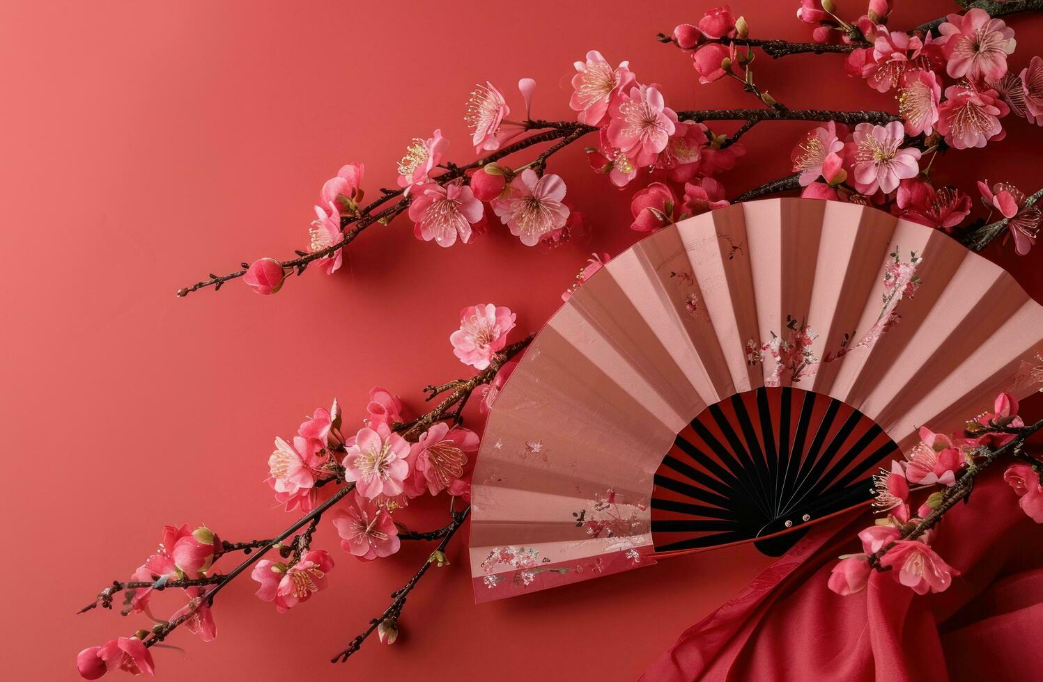 AI generated red background decorated at the chinese new year with a pink fan and flowers photo