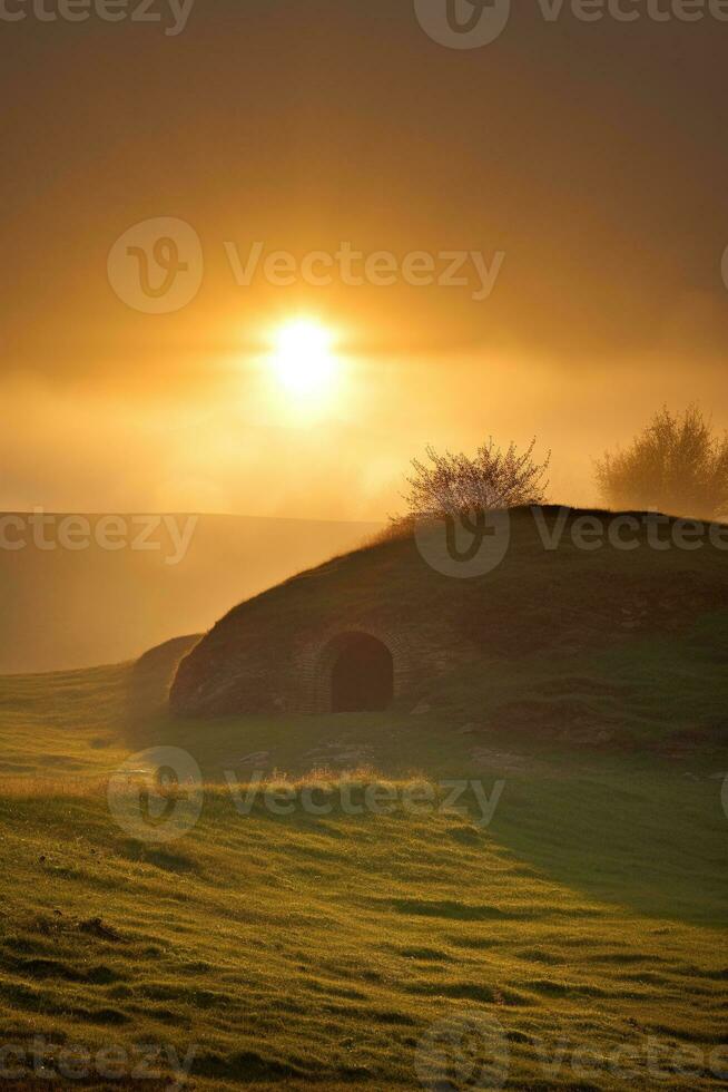 AI generated Sunrise over a megalithic tomb photo