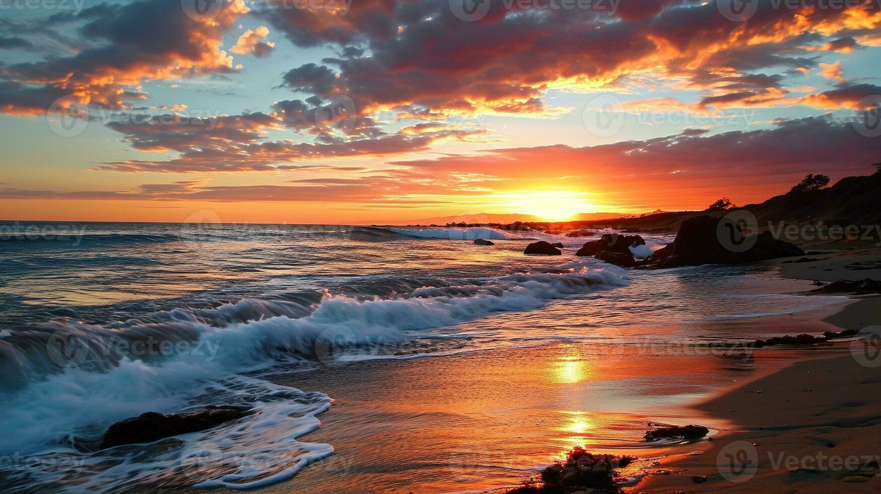 AI generated Beautiful sunset on the beach. Sea waves and splashes. photo