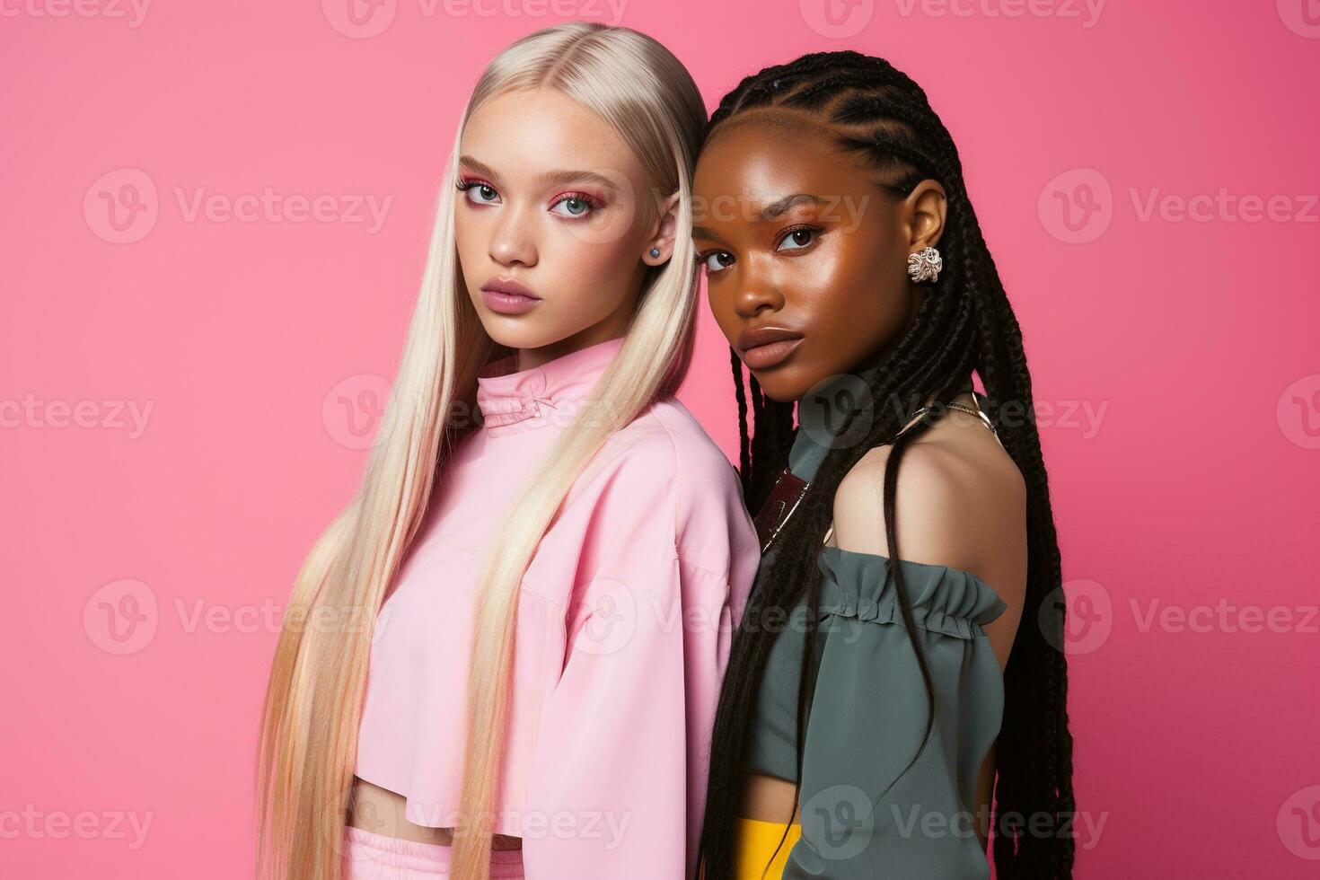 AI generated fashionable Two young multiracial women posing together isolated on pink background photo