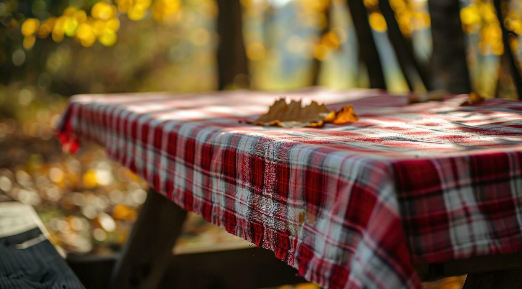 AI generated red cloth picnic tablecloth on the picnic table in autumn nature background photo