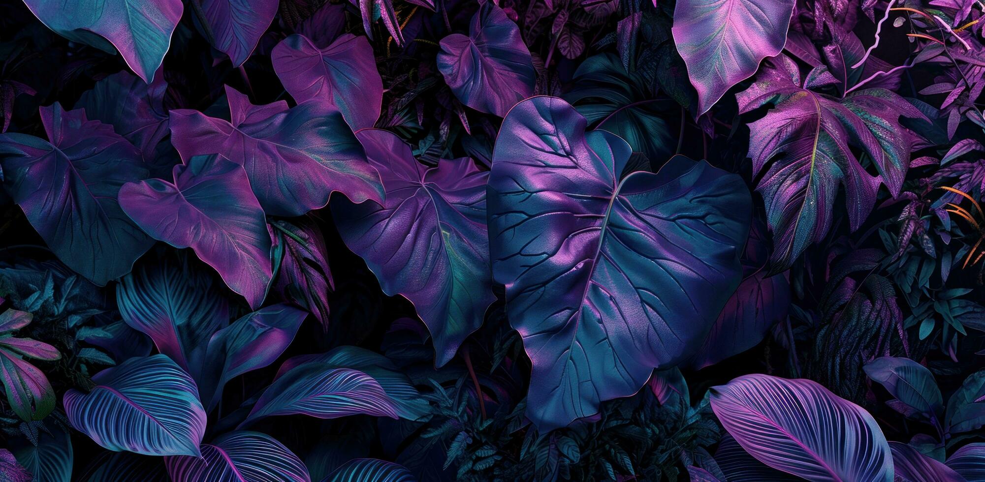 AI generated purple and violet jungle leaves in the night time photo