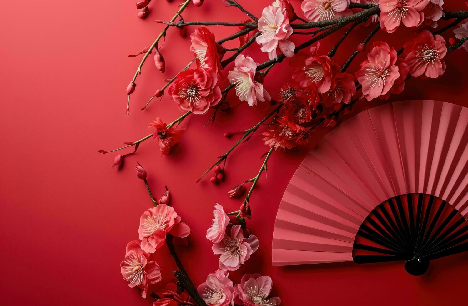 AI generated red background decorated at the chinese new year with a pink fan and flowers photo