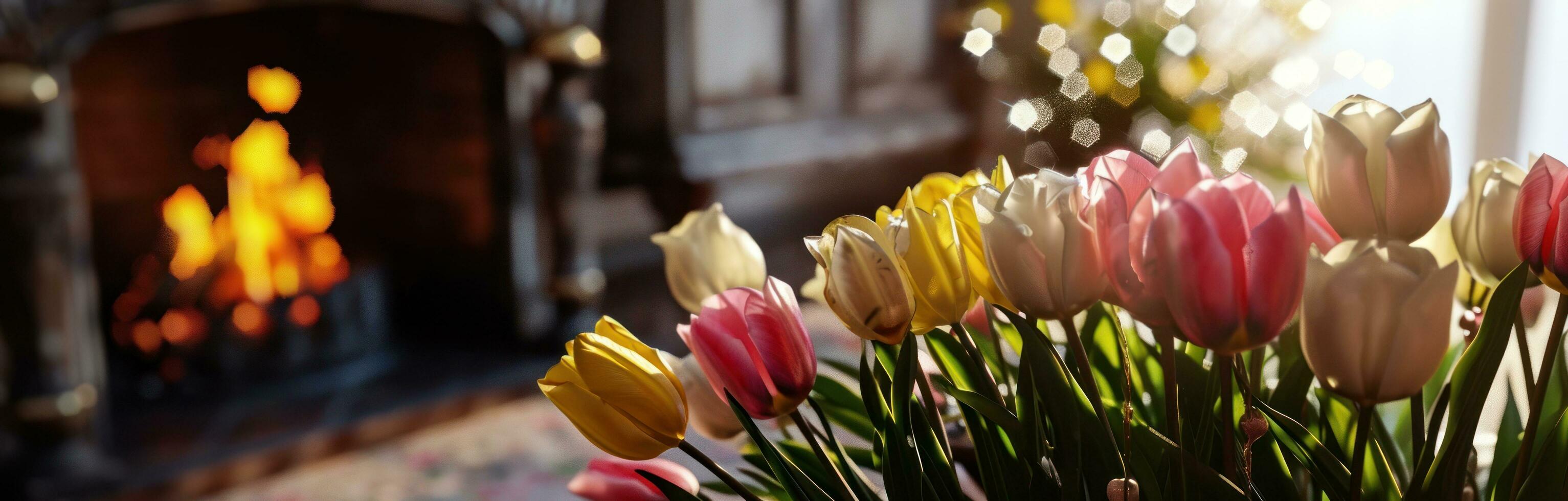 AI generated pink, yellow and white tulips are sitting next to the fireplace photo