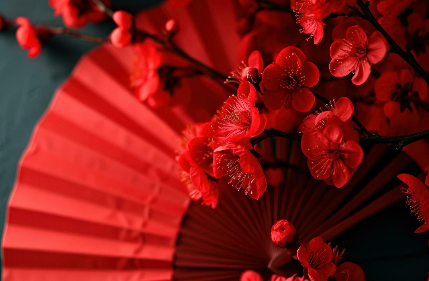 AI generated red paper fan with red blooms, easter photo