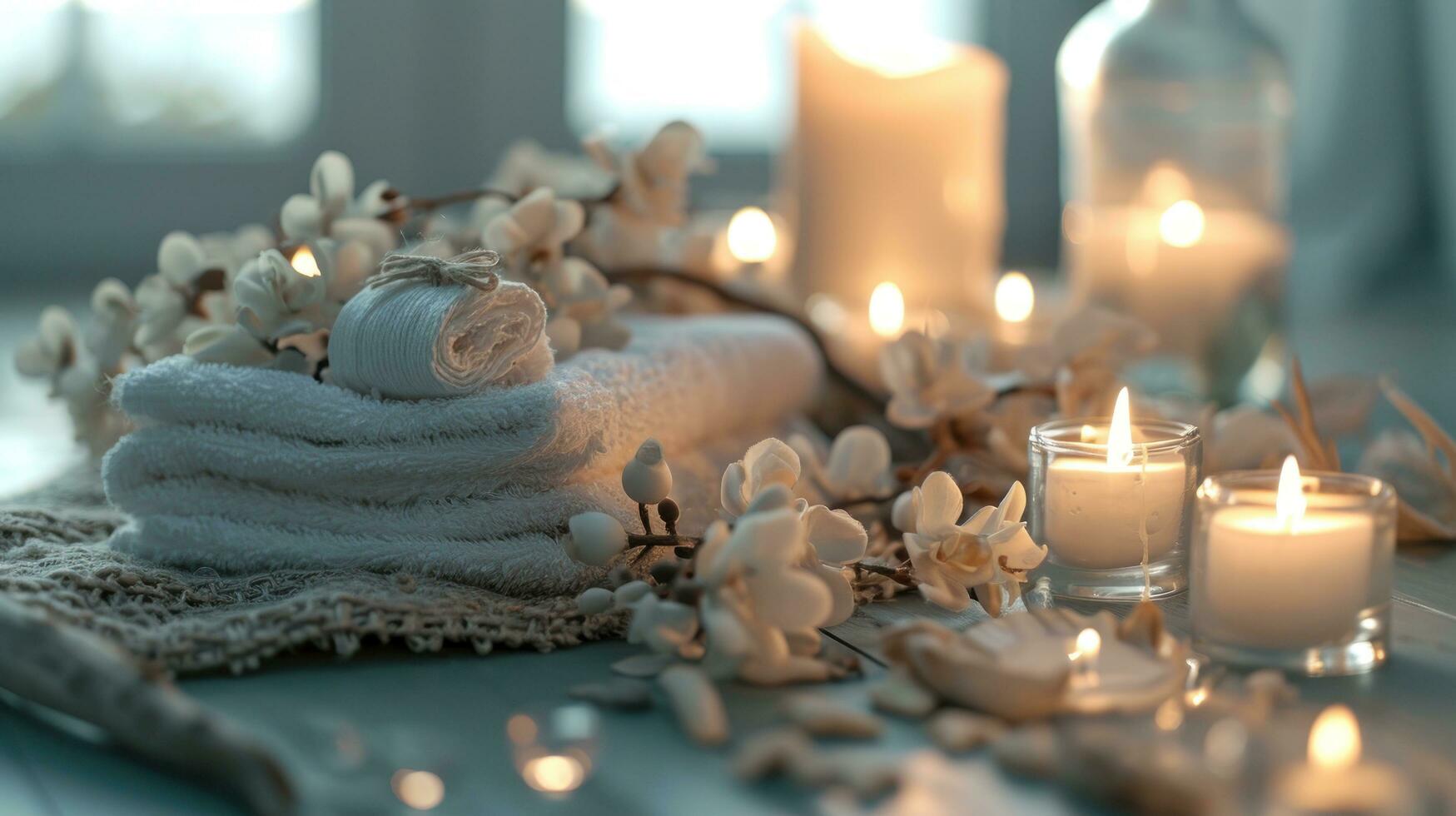 AI generated spa table full of towels and white candles photo