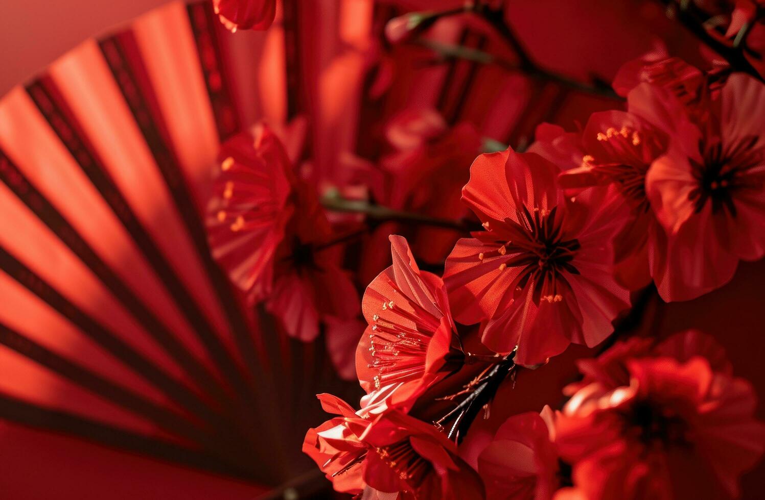 AI generated red paper fan with red blooms, easter photo