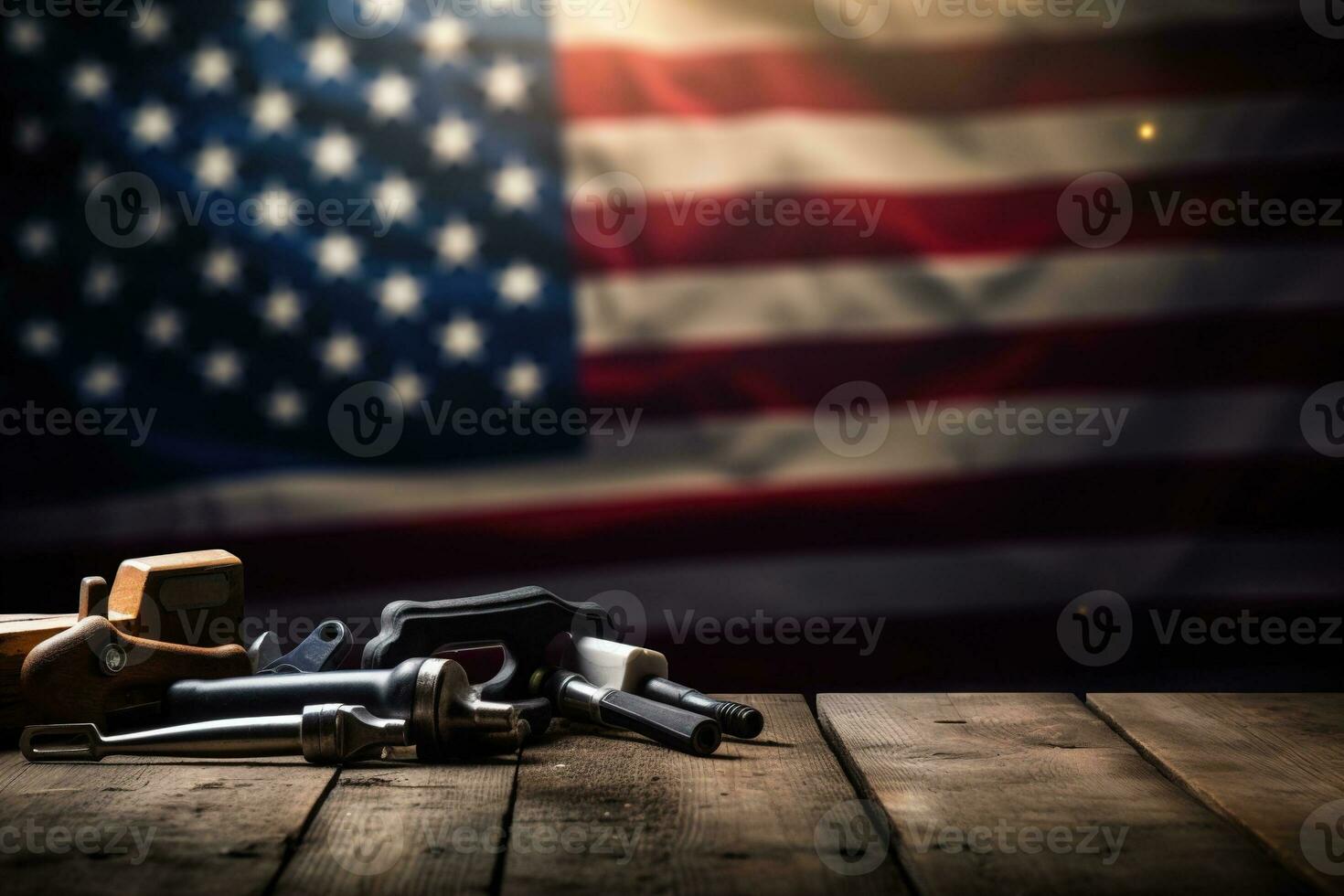AI generated tools on a wooden table against the background of the American flag photo