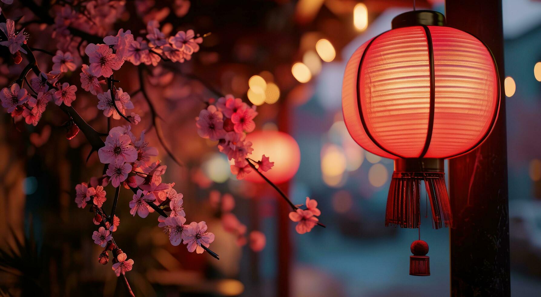 AI generated red lantern hanging from the street at night photo