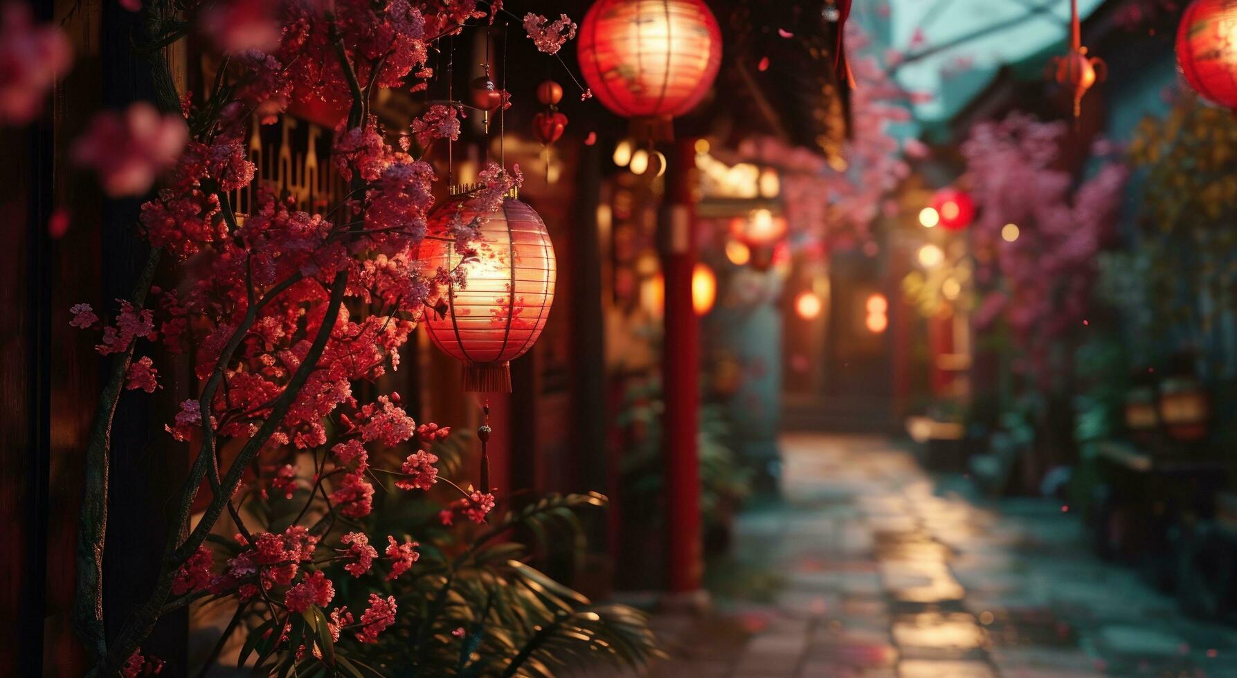 AI generated red lantern hanging from the street at night photo