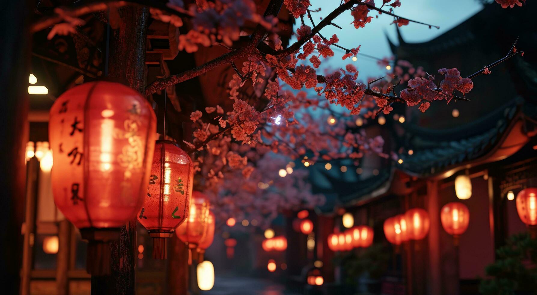 AI generated red lantern hanging from the street at night photo