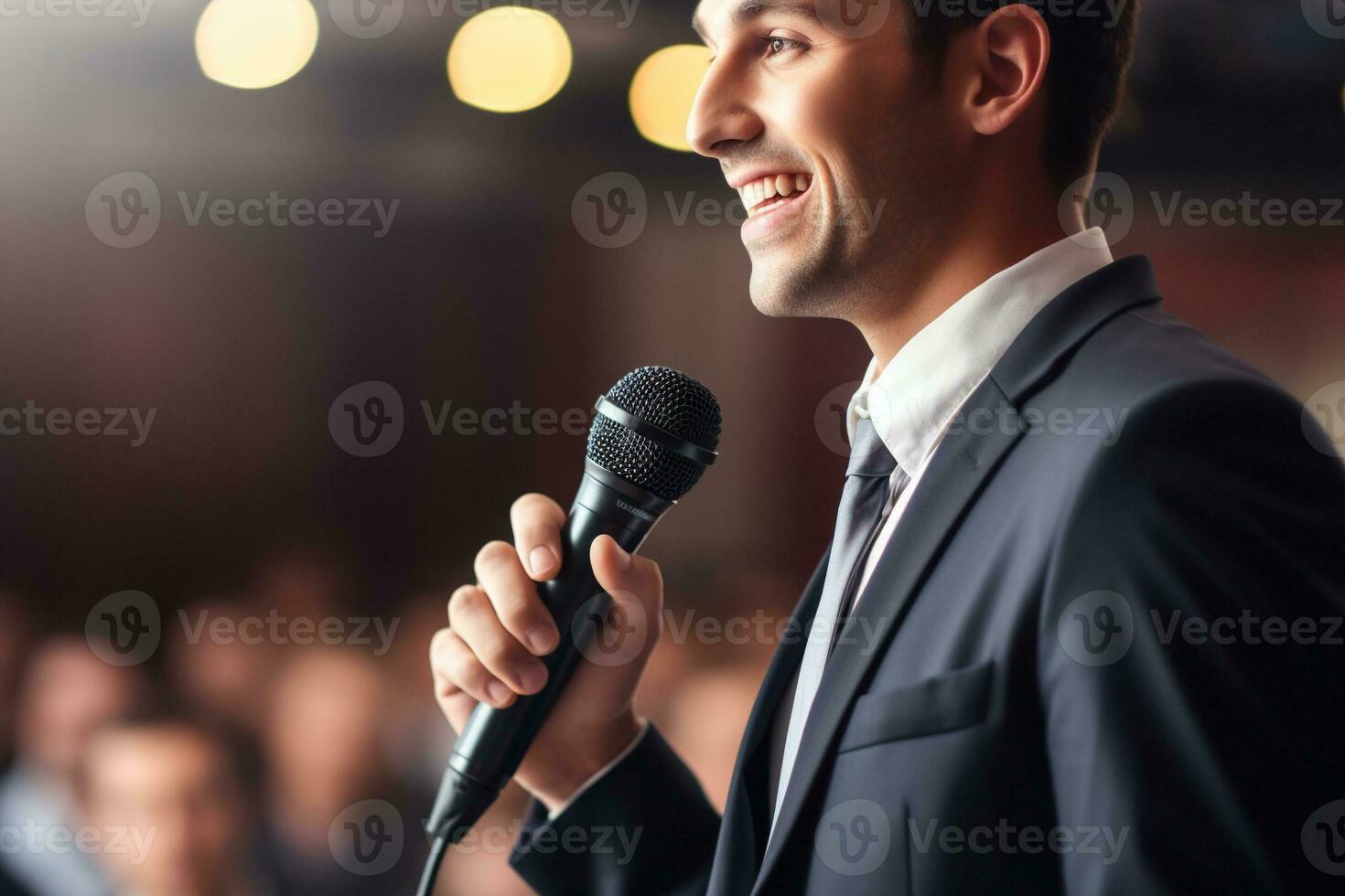 AI generated Speaker Giving a Talk at Business Conference. Audience at the conference hall. Business and Entrepreneurship. photo