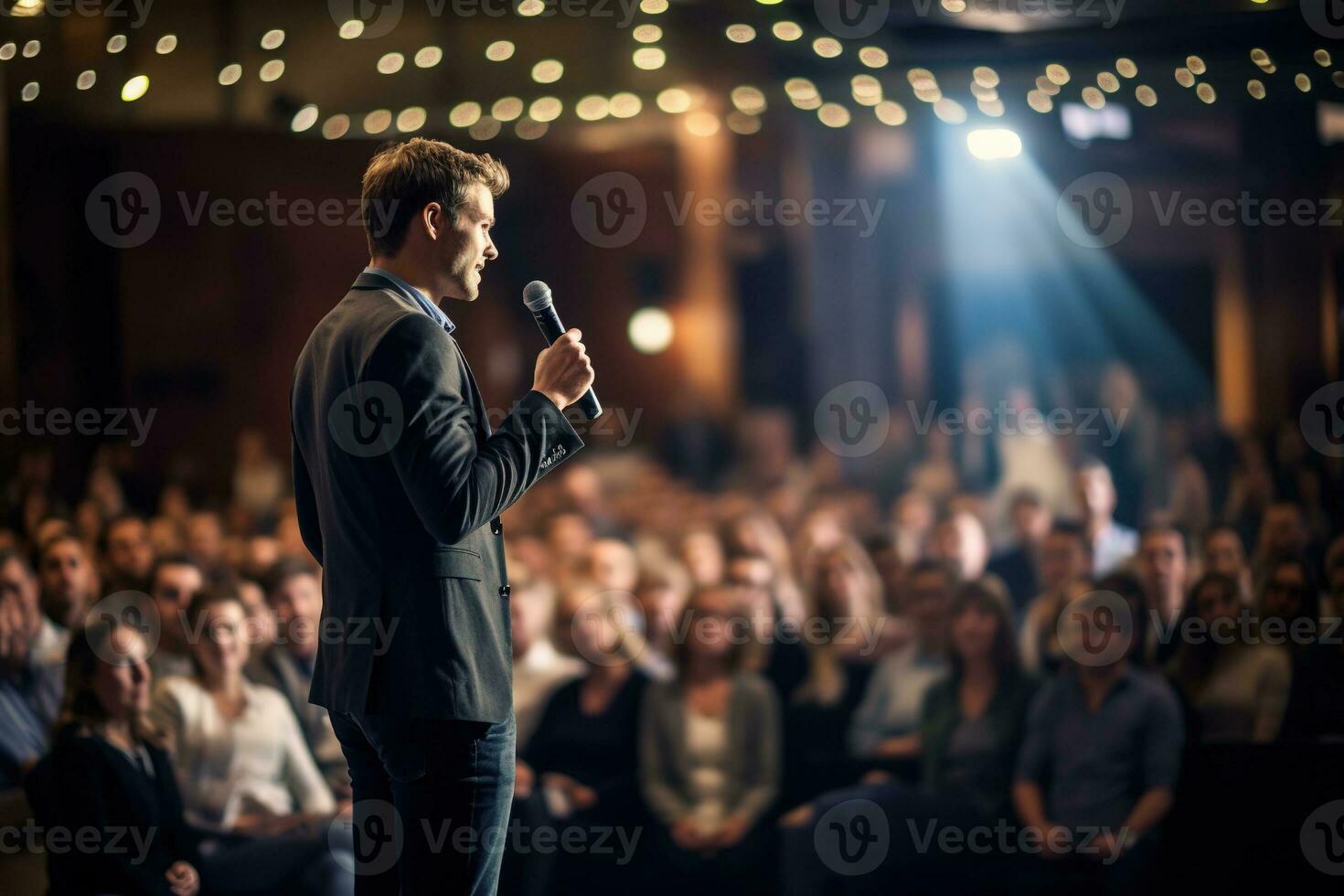 AI generated Speaker Giving a Talk at Business Conference. Audience at the conference hall. Business and Entrepreneurship. photo