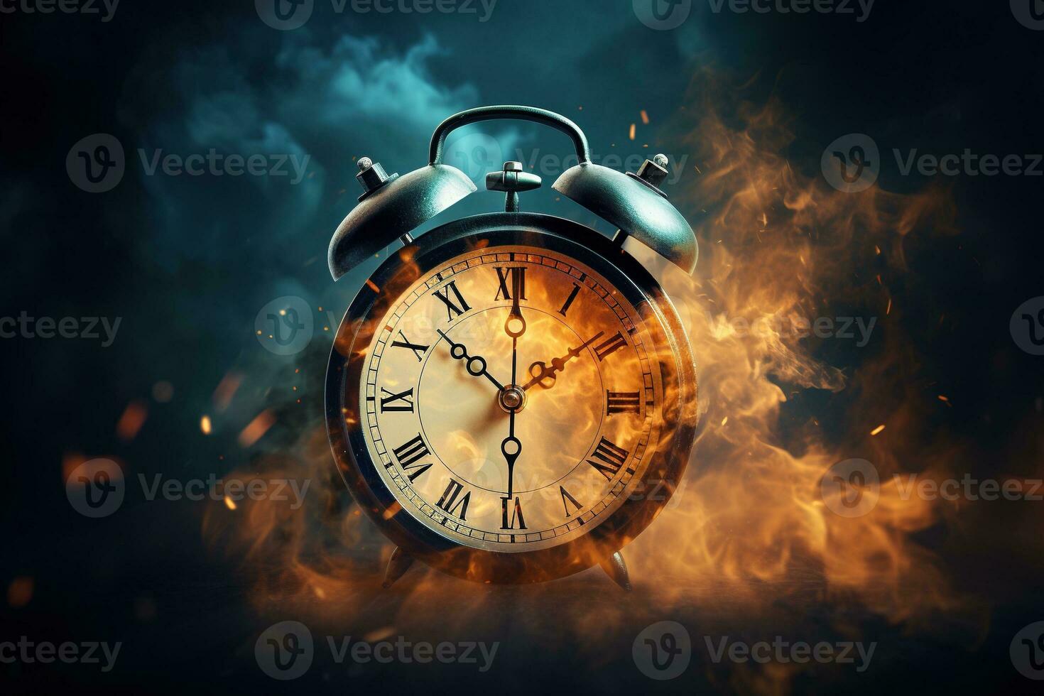 AI generated Alarm clock on fire background. Time is running out concept. photo