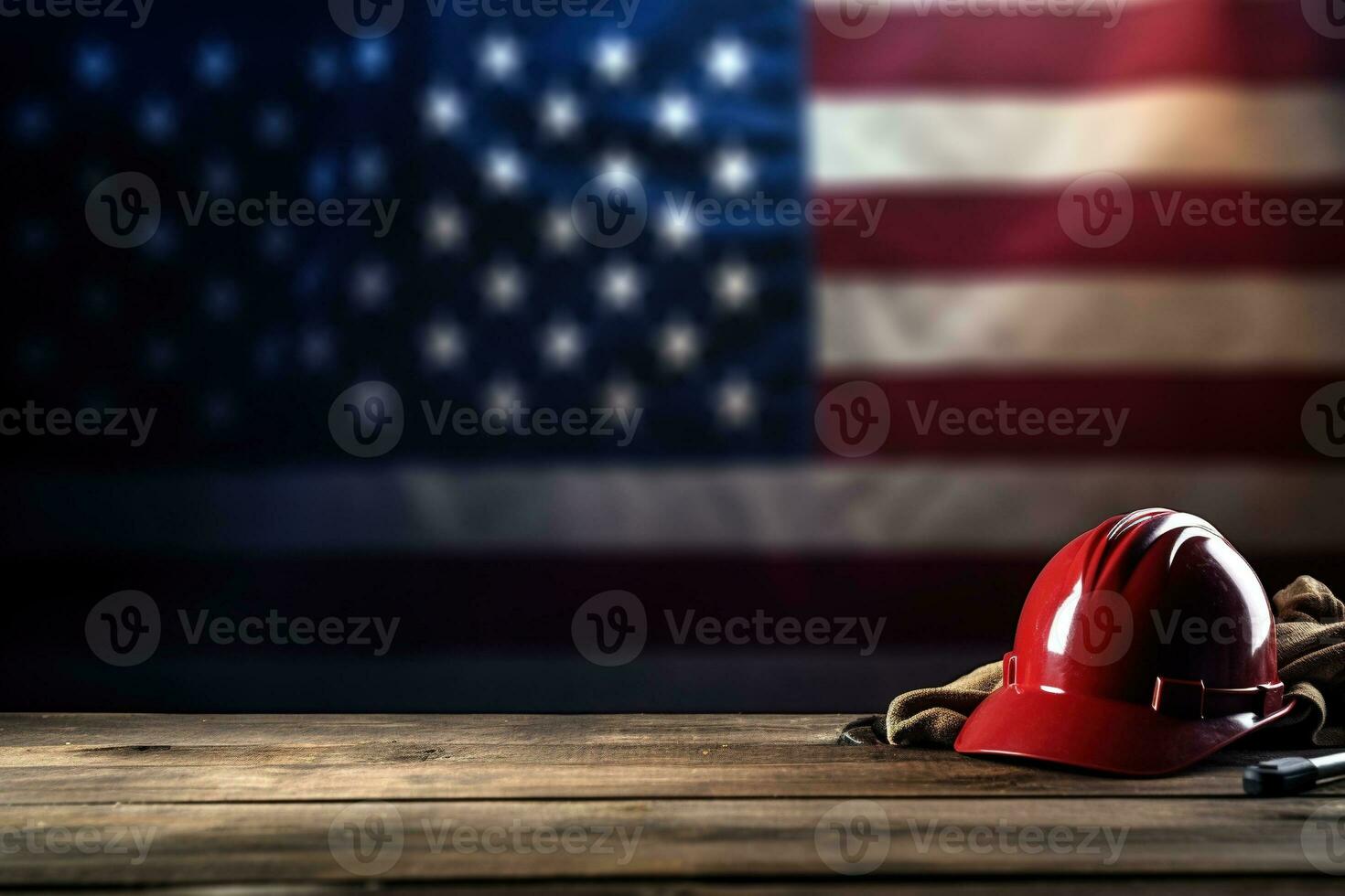 AI generated tools on a wooden table against the background of the American flag photo