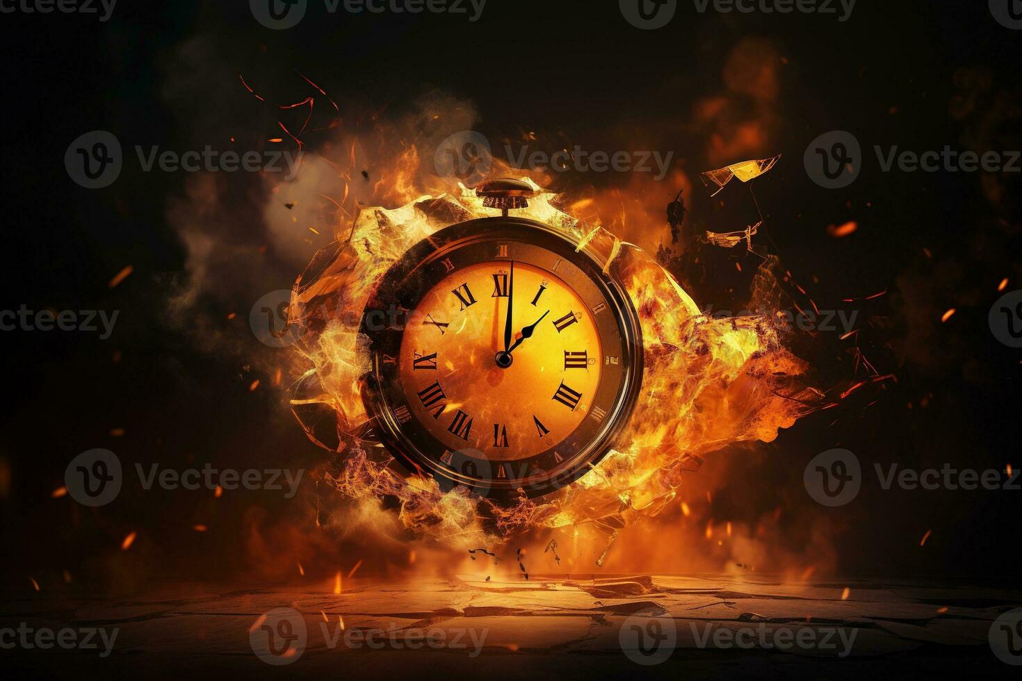 AI generated Alarm clock on fire background. Time is running out concept. photo