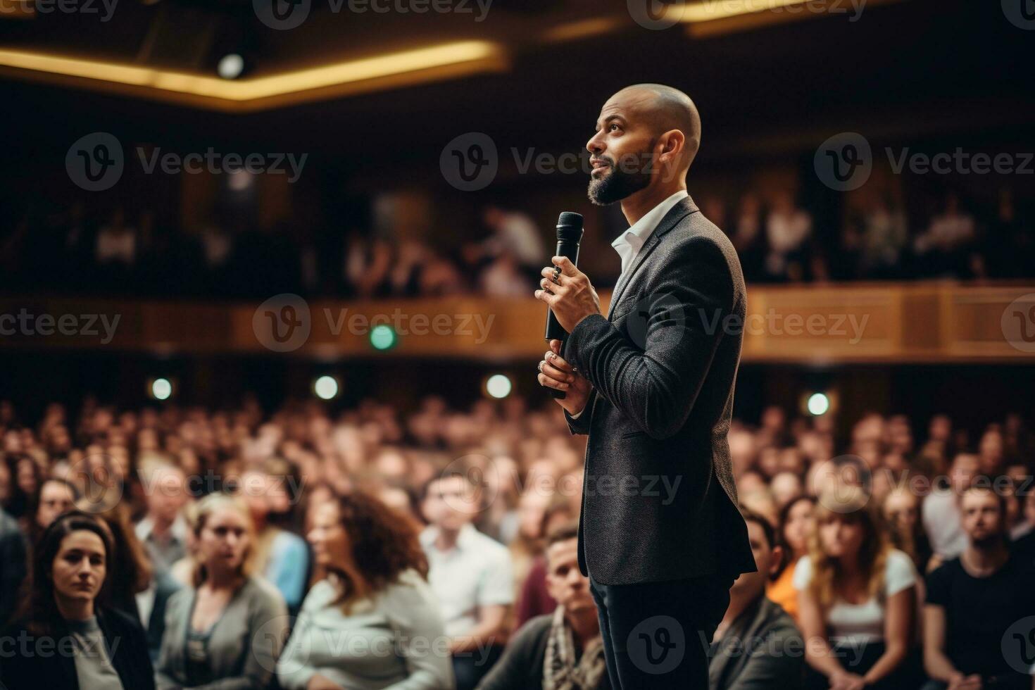 AI generated Speaker Giving a Talk at Business Conference. Audience at the conference hall. Business and Entrepreneurship. photo