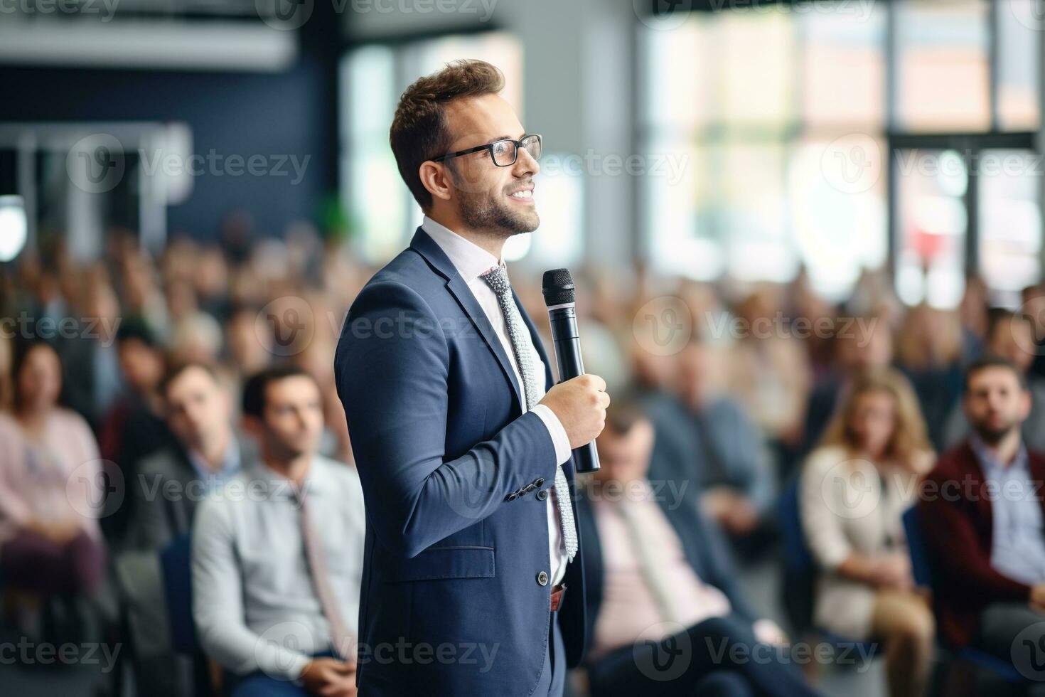 AI generated Speaker Giving a Talk at Business Conference. Audience at the conference hall. Business and Entrepreneurship. photo