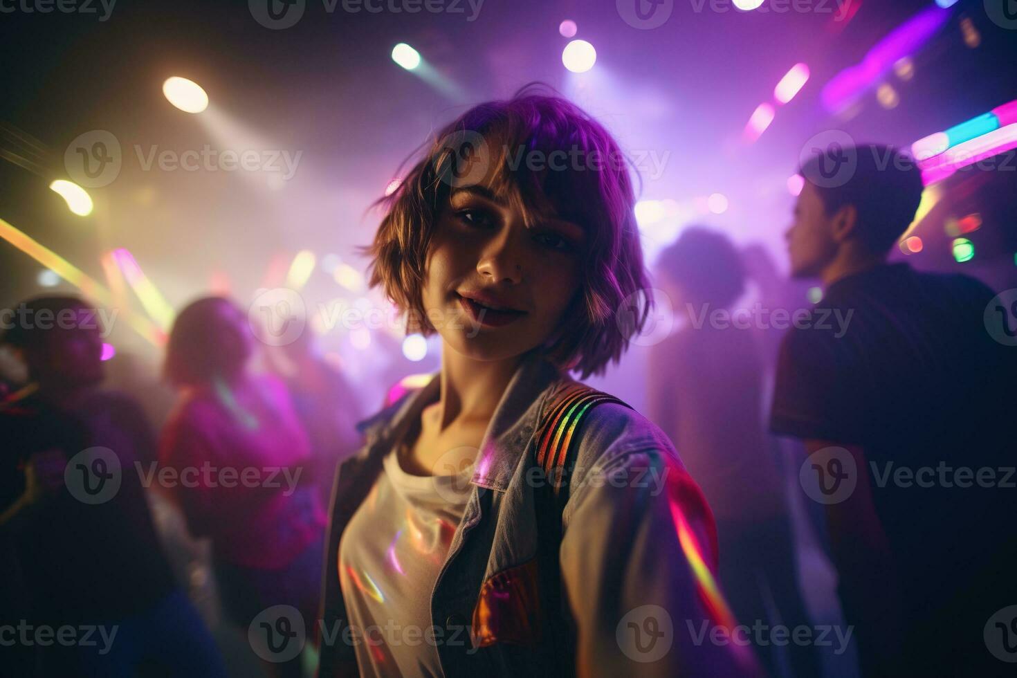 ai generado retrato de un hermosa niña con corto pelo bailando en un Club nocturno foto