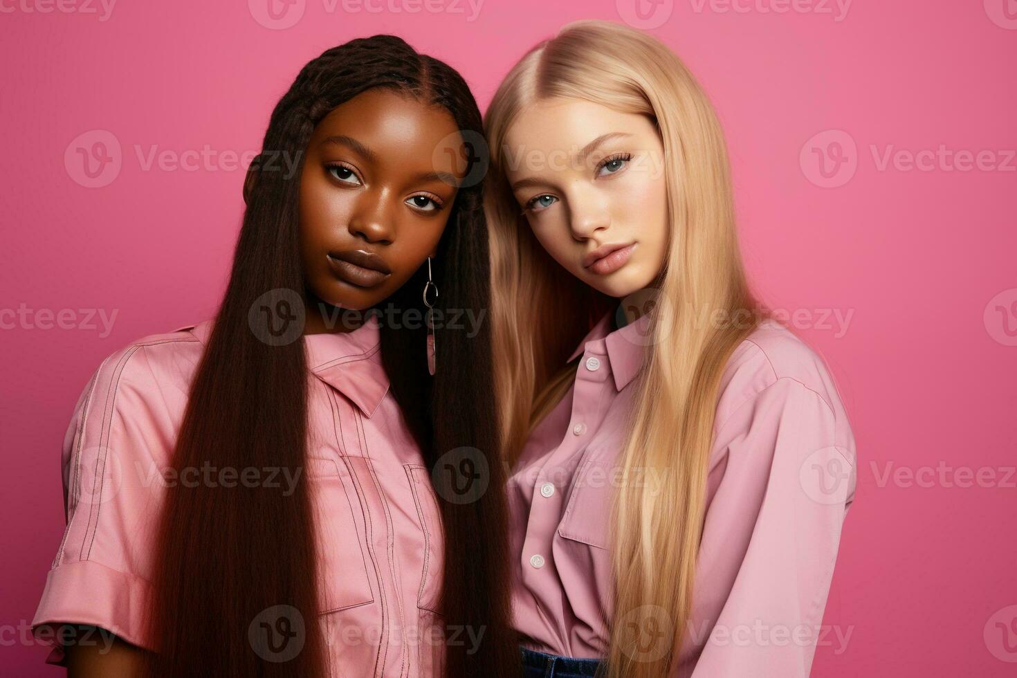 AI generated fashionable Two young multiracial women posing together isolated on pink background photo