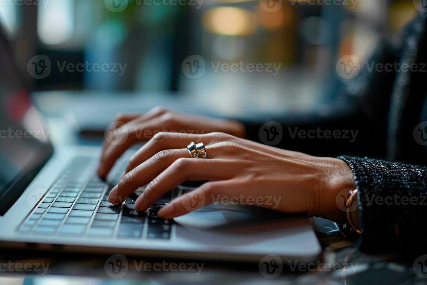 AI generated Close up of female hands typing on laptop keyboard at table in cafe photo