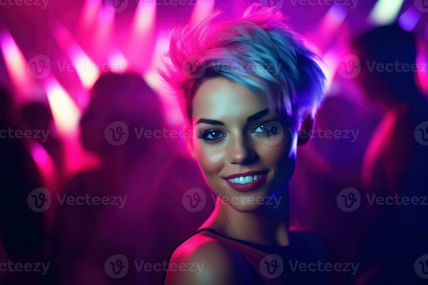 AI generated Portrait of a beautiful girl with short hair dancing in a nightclub photo