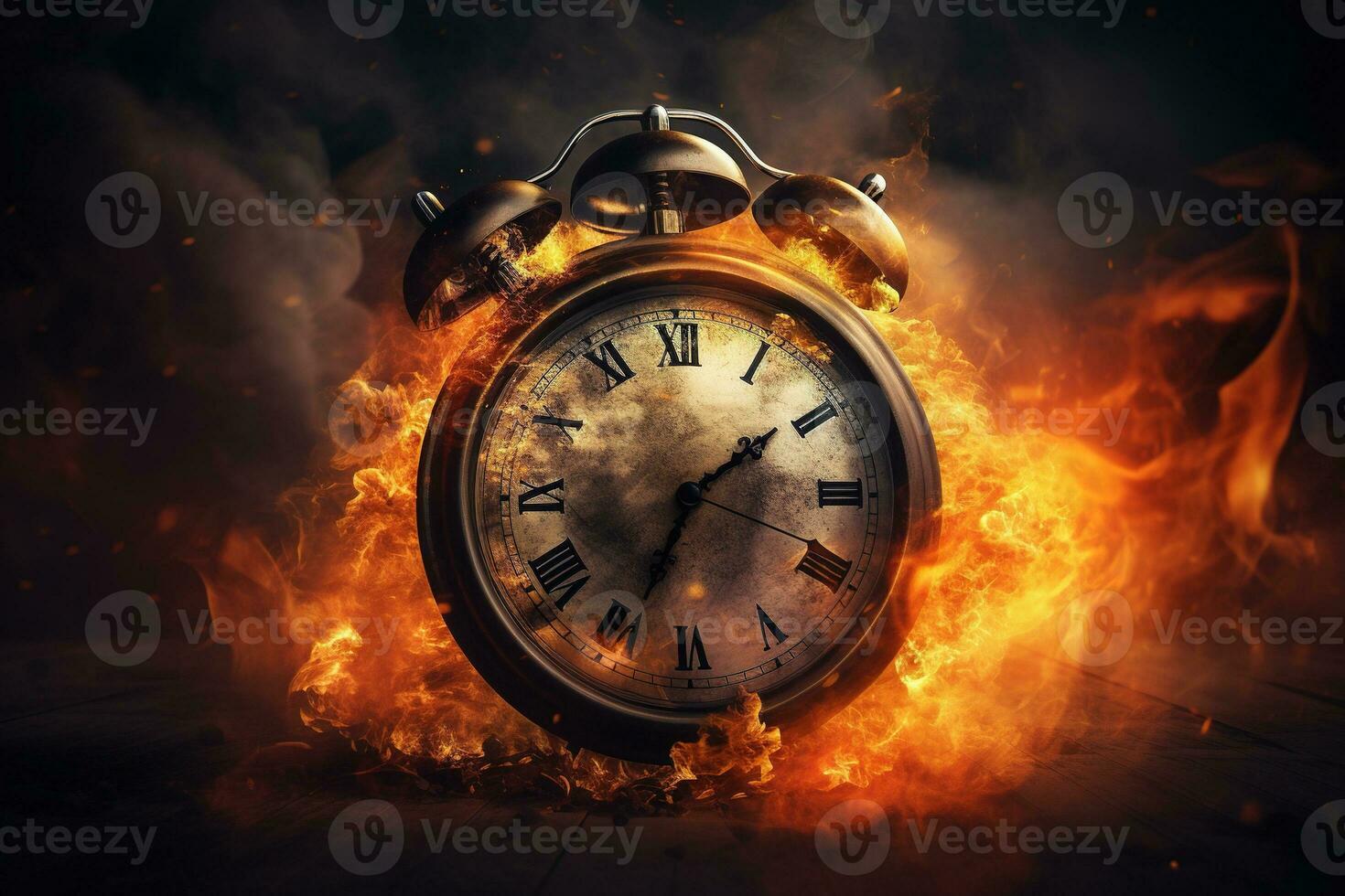 AI generated Alarm clock on fire background. Time is running out concept. photo