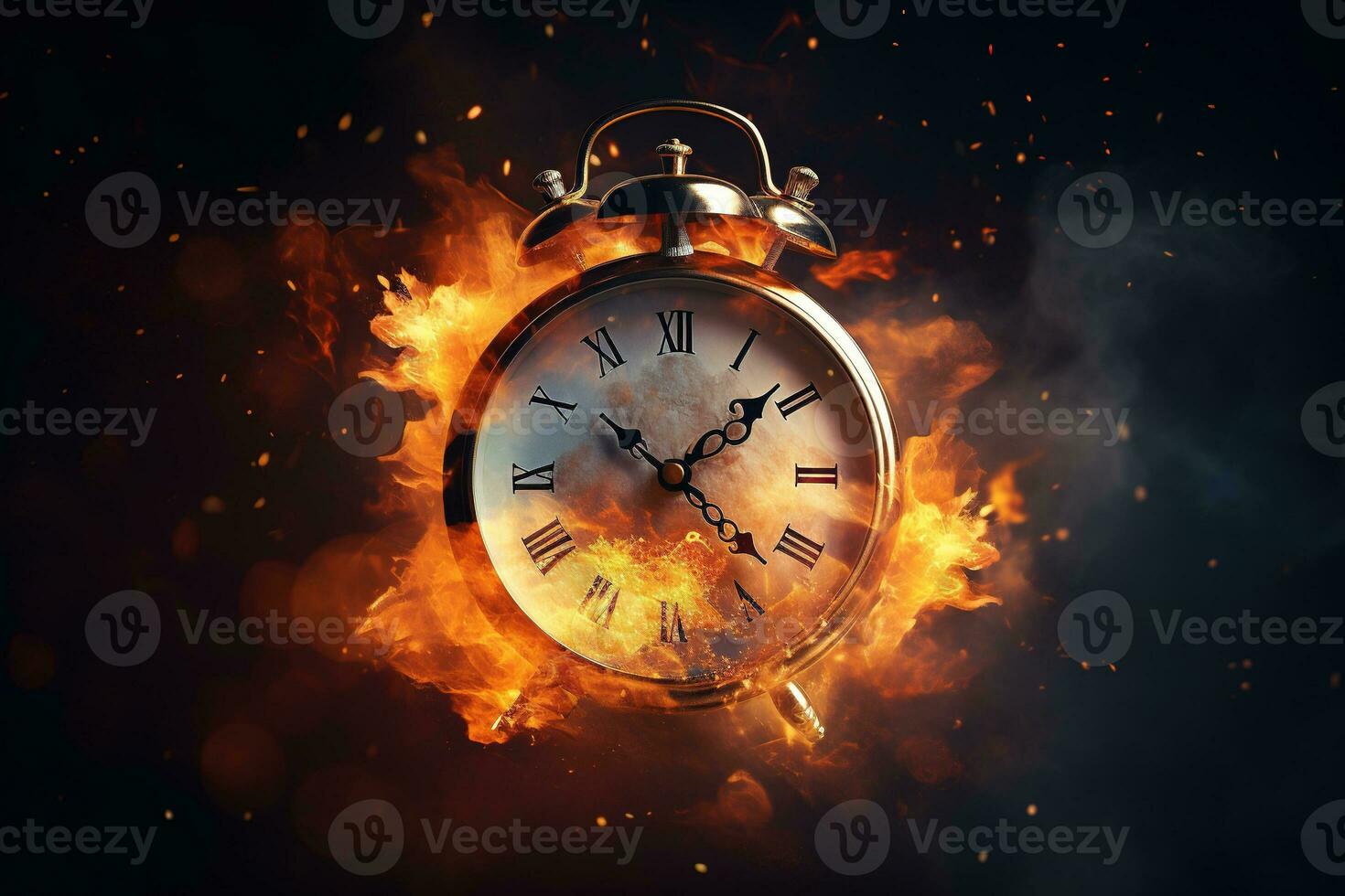 AI generated Alarm clock on fire background. Time is running out concept. photo