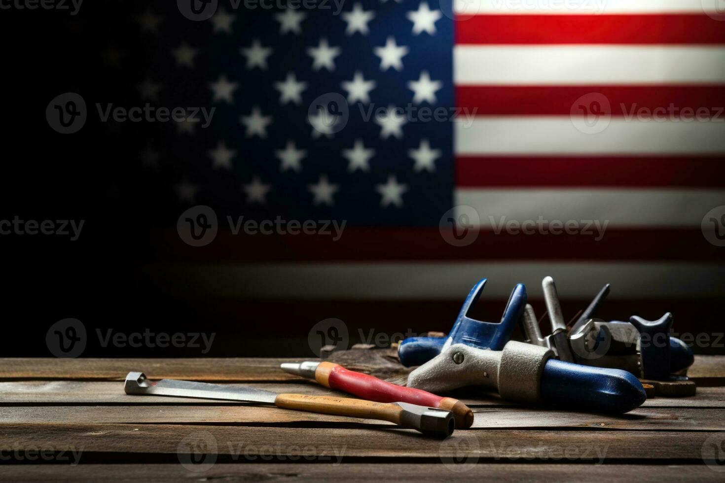 AI generated tools on a wooden table against the background of the American flag photo