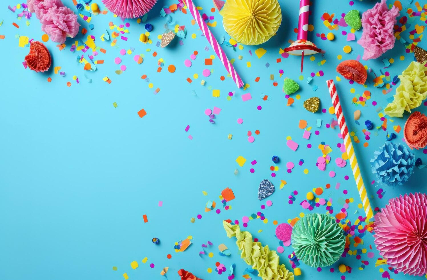 AI generated colorful party decorations on a blue background, photo