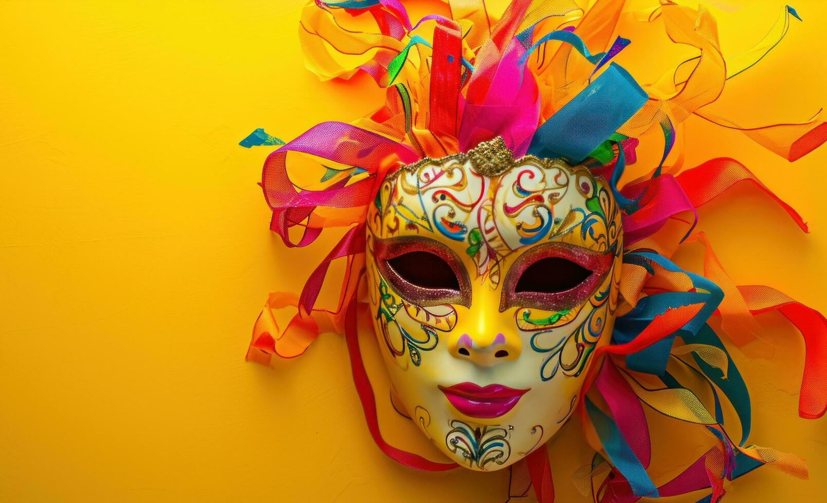 AI generated colorful carnival mask on the yellow background photo