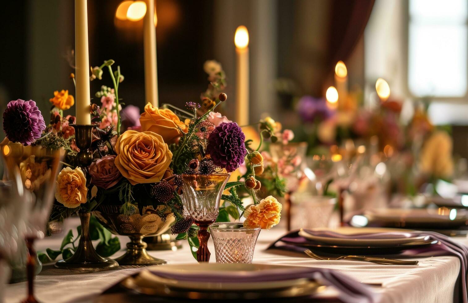 AI generated colorful wedding table settings with candles photo