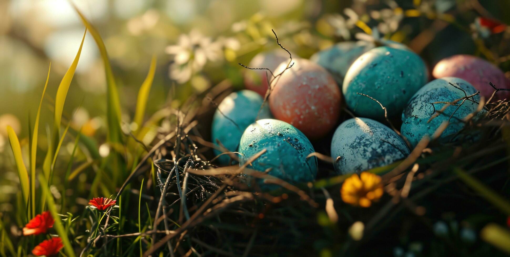 AI generated colorful easter eggs in a nest on a wooden table photo