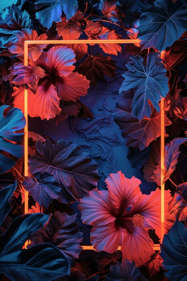 AI generated neon neon and hibiscus leaves in an abstract frame with orange neon neon photo