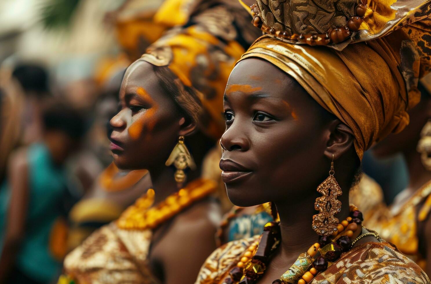 ai generado emotivo imagen de asistentes al carnaval en carnaval vestir foto