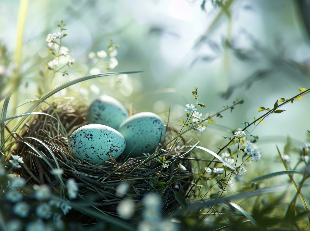 AI generated easter eggs nest sitting among tall grass and flowers photo