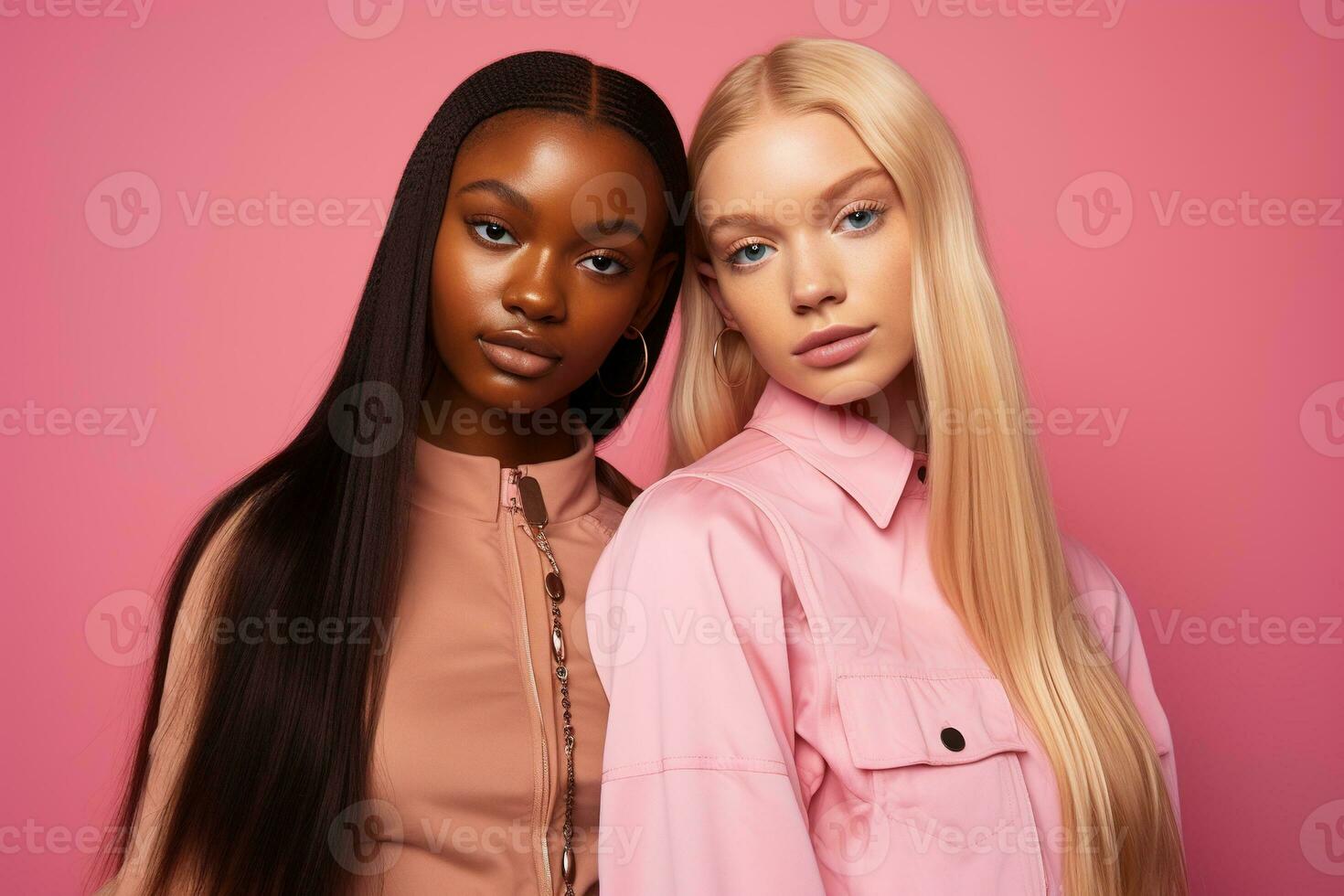 AI generated fashionable Two young multiracial women posing together isolated on pink background photo