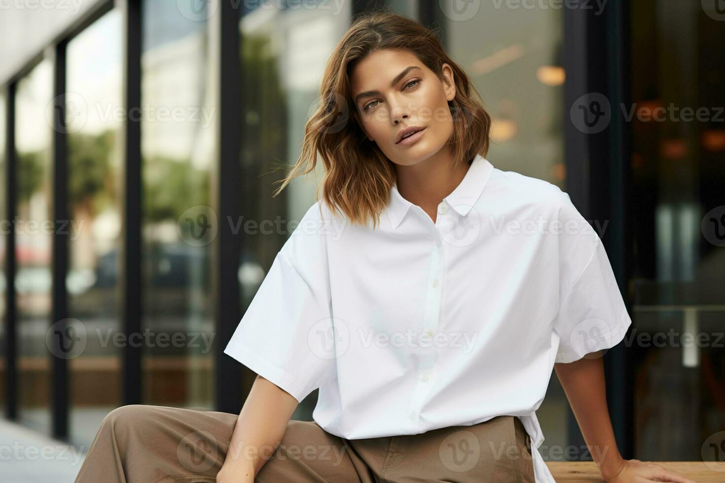 ai generado retrato de un hermosa joven mujer vistiendo blanco camisa foto