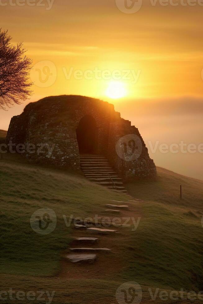 AI generated Sunrise over a megalithic tomb photo