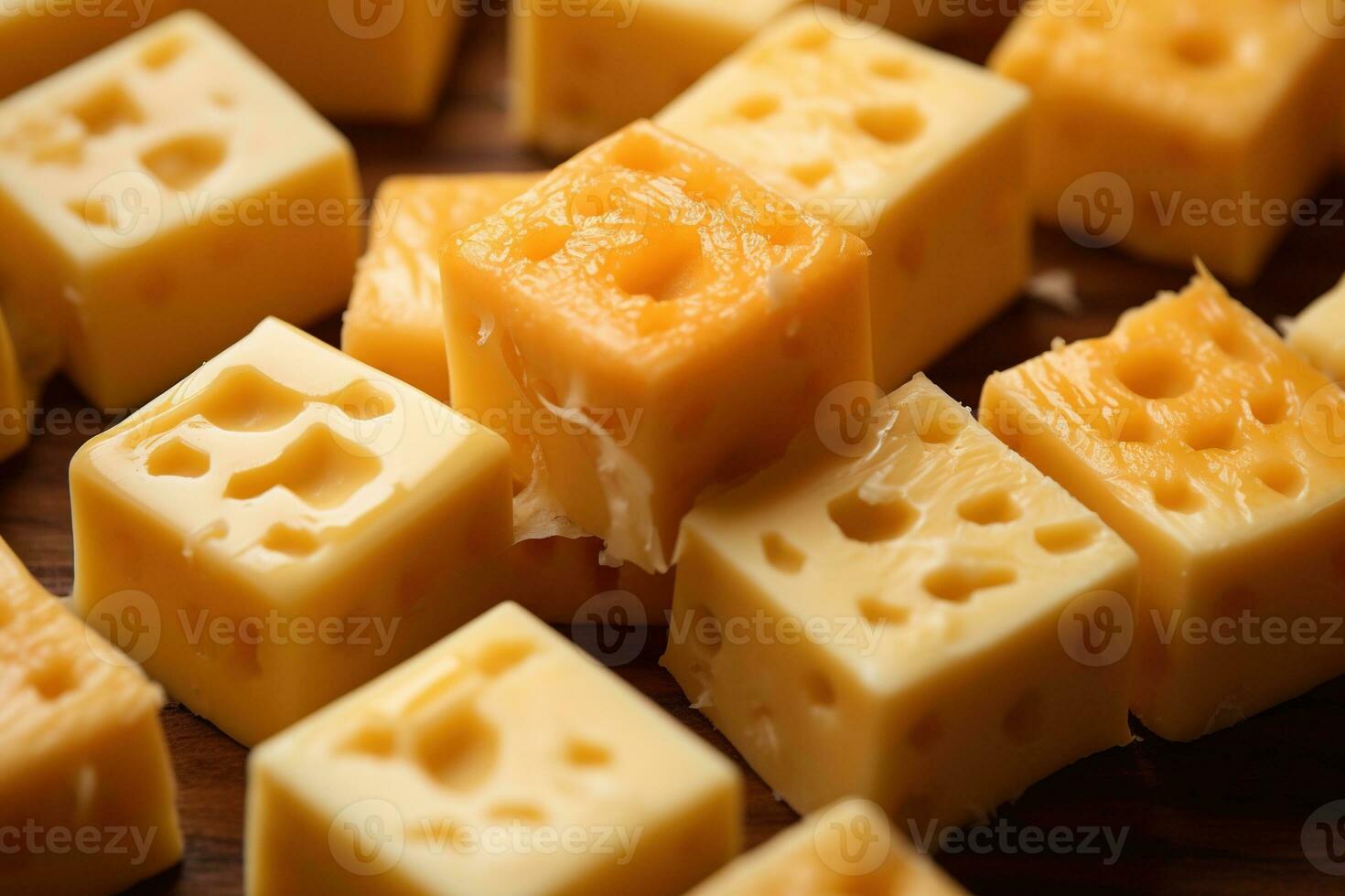 AI generated Close-up of a plate of yellow cheese cubes. photo