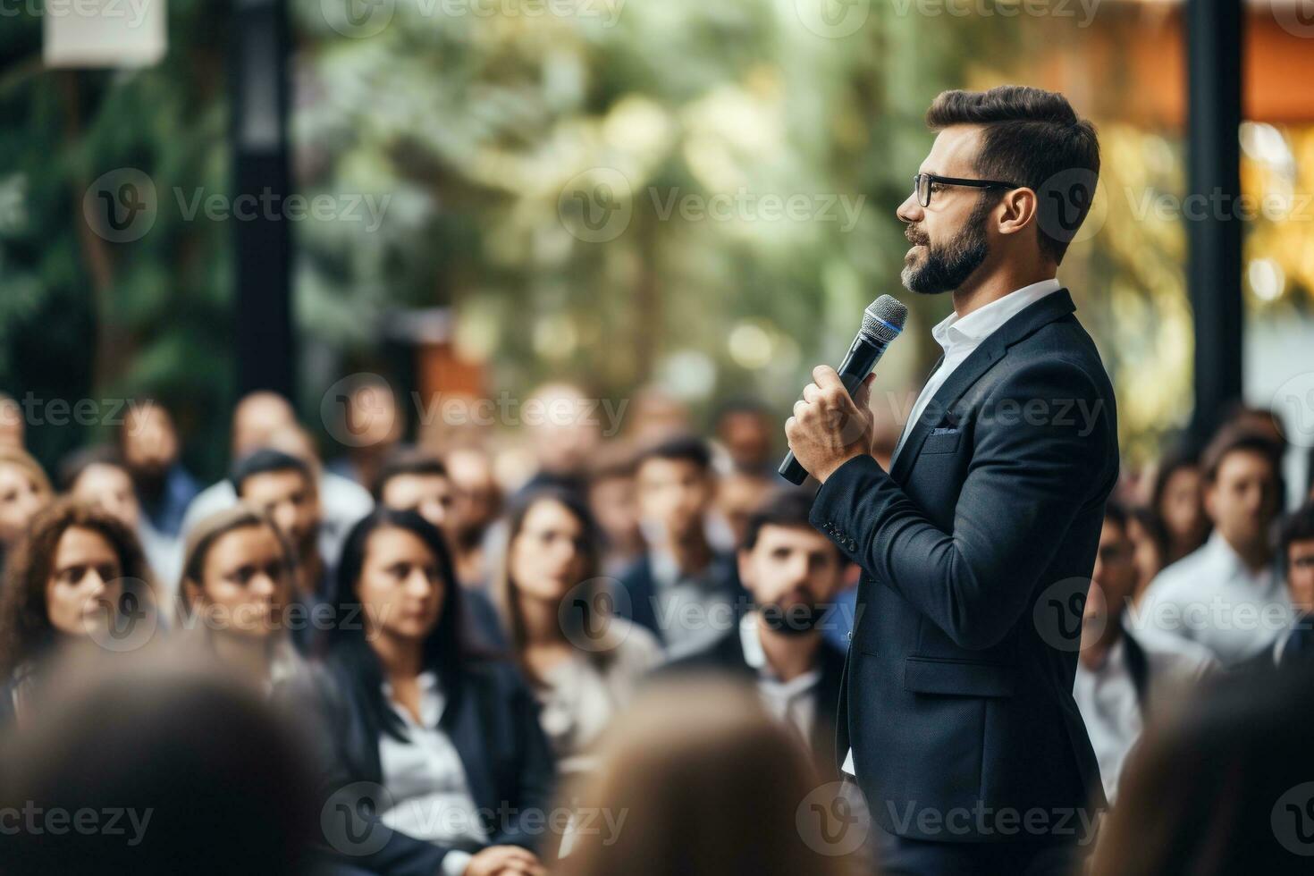 AI generated Speaker Giving a Talk at Business Conference. Audience at the conference hall. Business and Entrepreneurship. photo