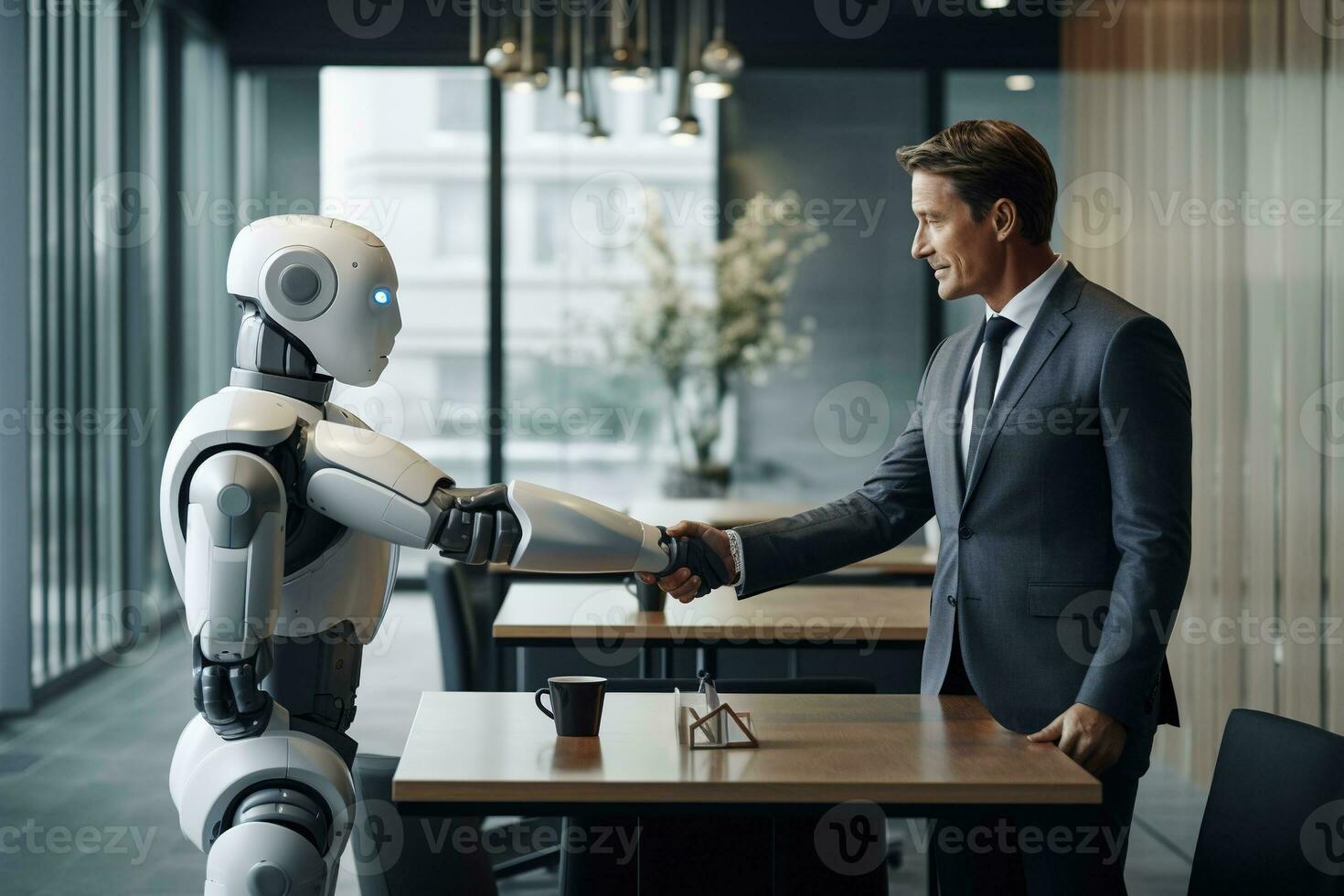 AI generated Businessman and robot shaking hands in modern office. Business concept. photo