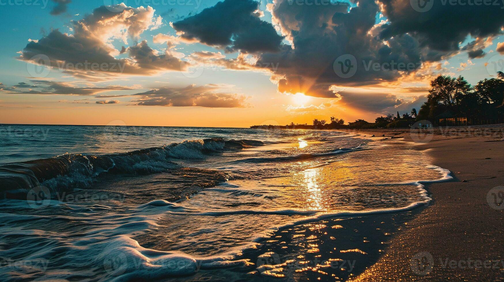 ai generado hermosa puesta de sol en el playa. mar olas y salpicaduras foto