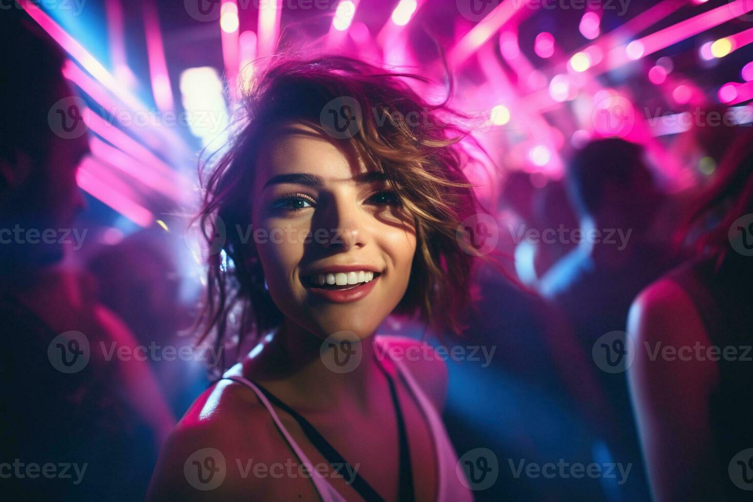 ai generado retrato de un hermosa niña con corto pelo bailando en un Club nocturno foto