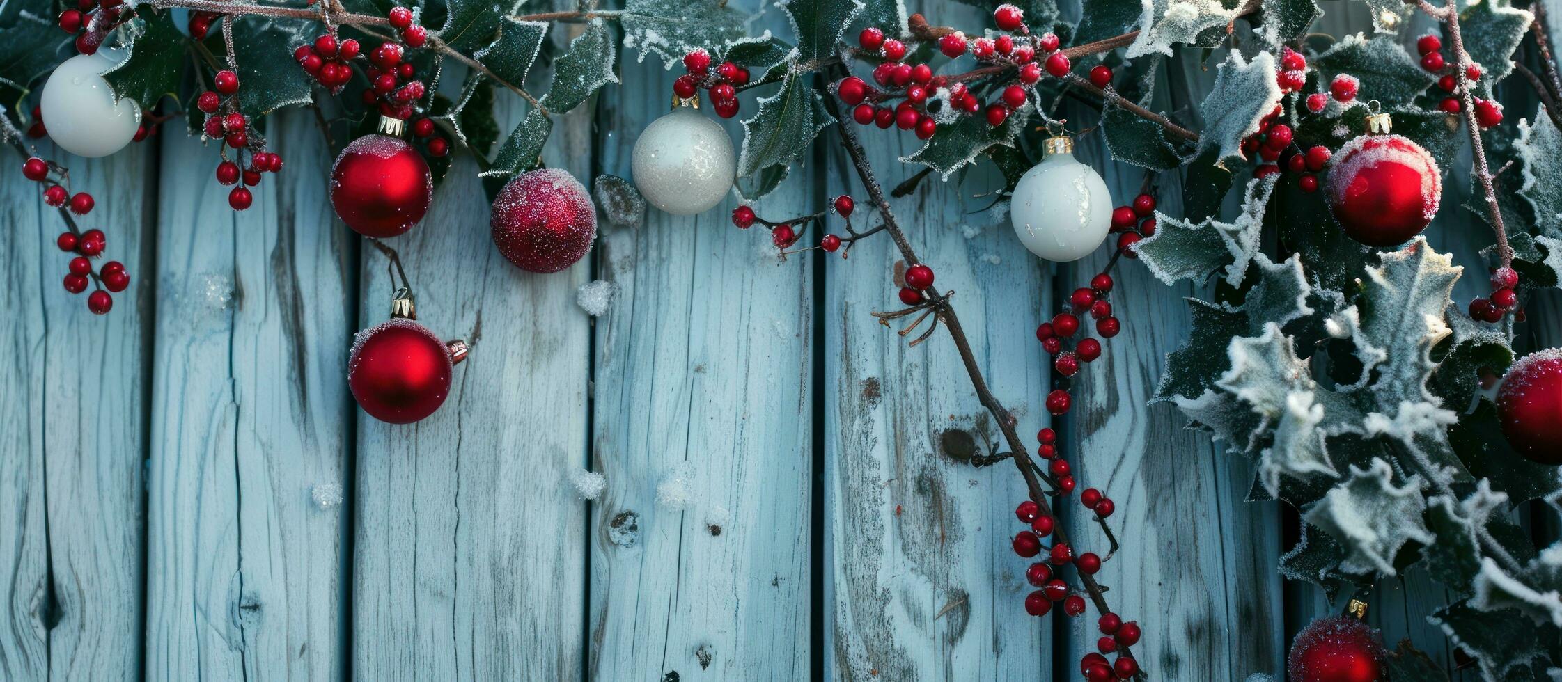 AI generated ornaments and holly branches on a wooden fence with snow and ice photo