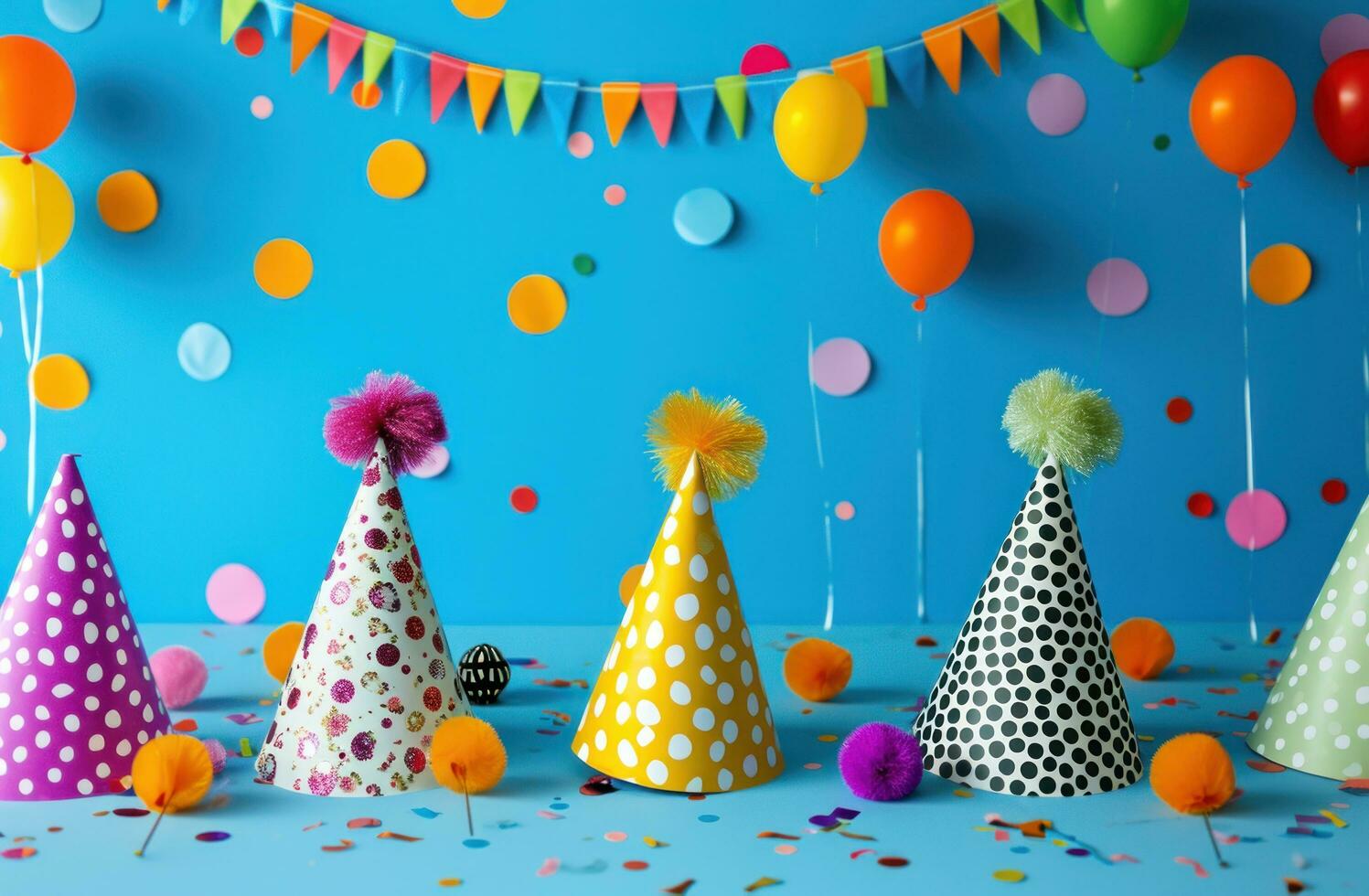 AI generated party props, party hats and decorations on blue background photo