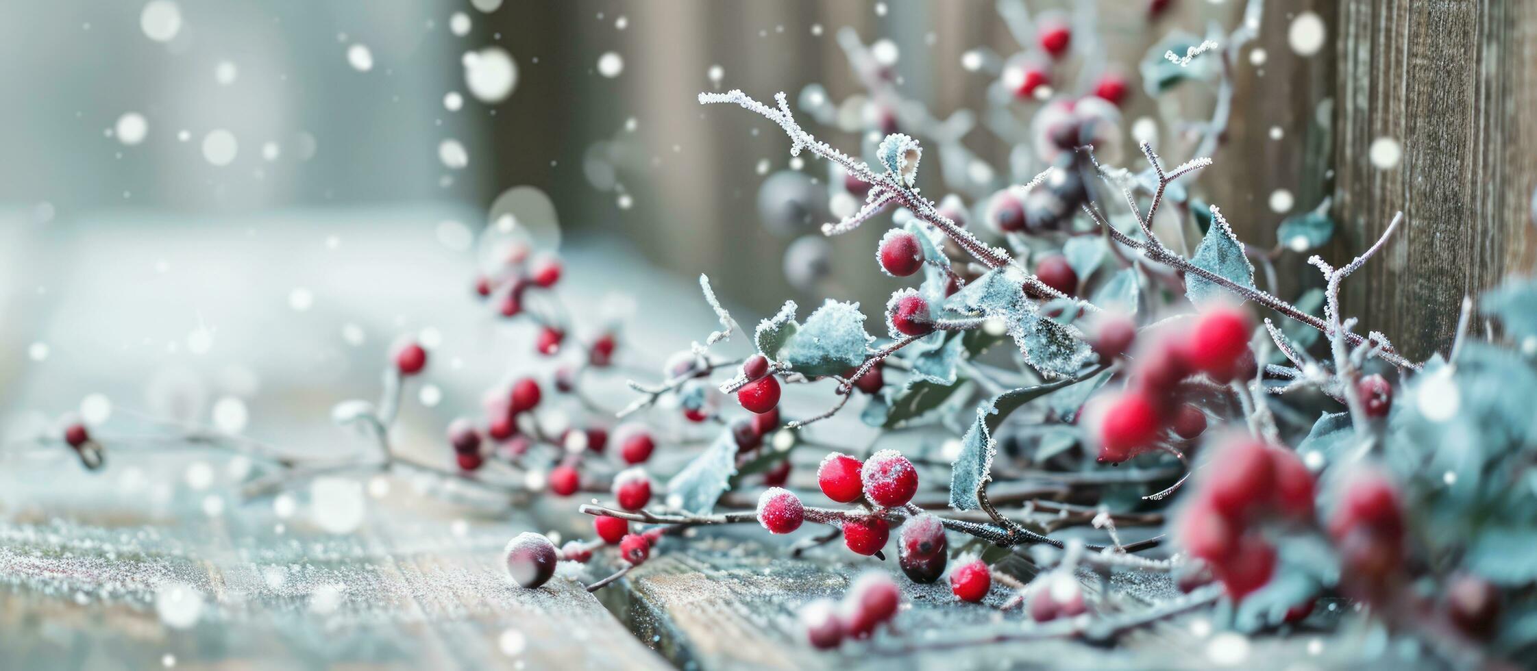 AI generated ornaments and holly branches on a wooden fence with snow and ice photo
